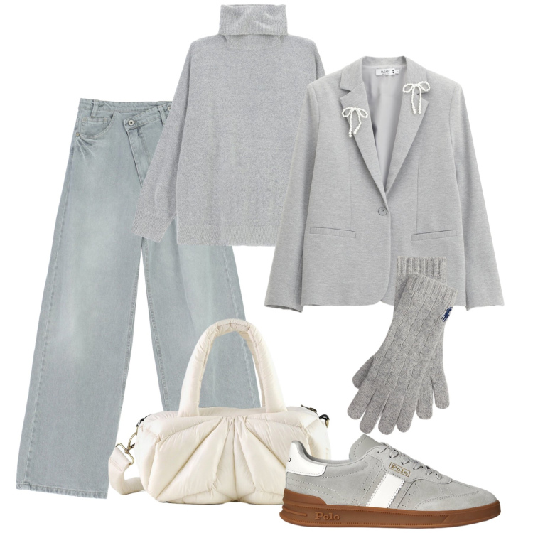 Outfit donna - Inverno grigio perla. Stile Urban per Tutti i giorni. Abbinamento con blazer, pantaloni, maglieria, sneakers, guanti, borse a mano.