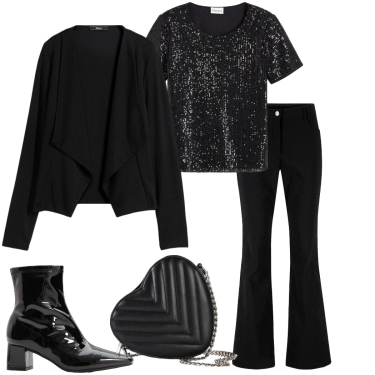 Outfit donna - Party Bonprix. Stile Casual chic per Serata fuori. Abbinamento con pantaloni, blazer, borse a tracolla, maglieria, stivaletti.