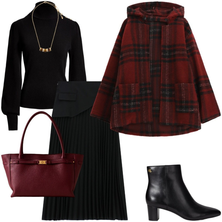 Outfit donna - Qualcosa di rosso. Stile Urban per Tutti i giorni. Abbinamento con gonne lunghe, caban, shopping bag, maglieria, collane, stivaletti.