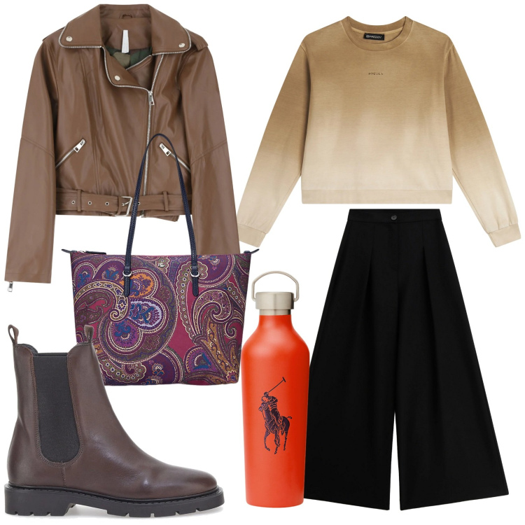 Outfit donna - Total look #2299795. Stile Casual per Tutti i giorni. Abbinamento con giacche, pantaloni a palazzo, felpe, borse tote, bluse, stivaletti chelsea.