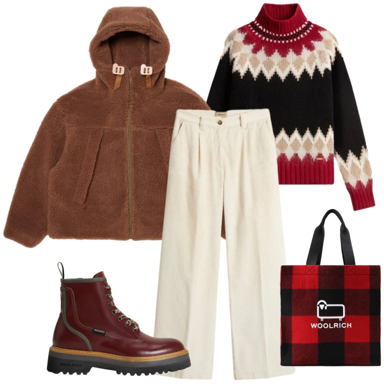 Outfit donna - In montagna. Stile Sporty chic per Sport. Abbinamento con parka, maglieria, anfibi, pantaloni, borse tote.
