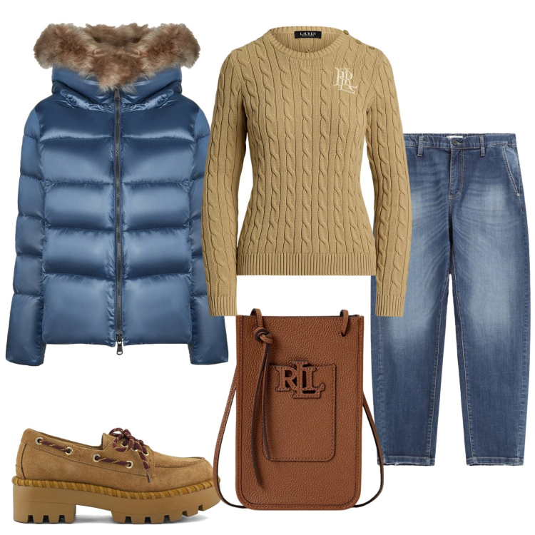 Outfit donna - Total look #2299798. Stile Casual per Scuola/Università. Abbinamento con jeans, borse a tracolla, maglieria, piumini, mocassini.