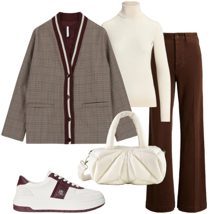 Outfit donna - Quadretti per le festività. Stile Casual chic per Tutti i giorni. Abbinamento con blazer, maglieria, sneakers, pantaloni, borse a mano.