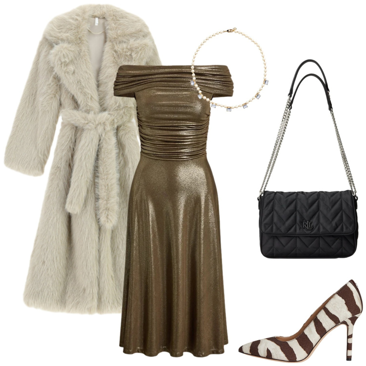 Outfit donna - Feste Natalizie. Stile Chic per Serata fuori. Abbinamento con cappotti, décolleté, vestiti, borse a tracolla, collane.