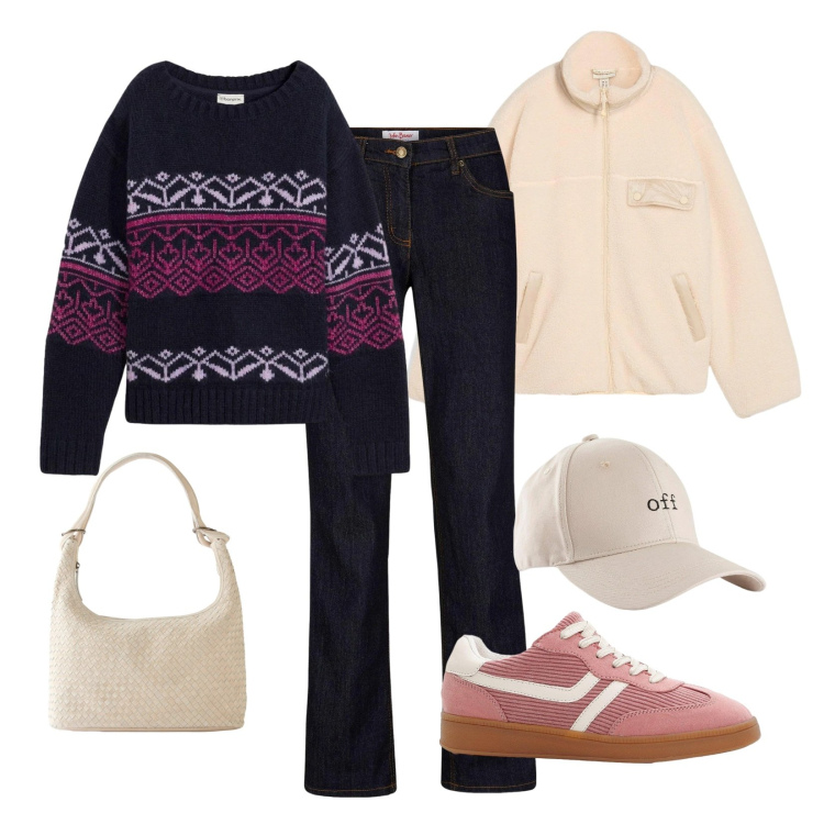 Outfit donna - Semplicità in un outfit!. Stile Casual per Scuola/Università. Abbinamento con jeans dritti, cappelli con visiera, shopping bag, sneakers, caban, maglieria.