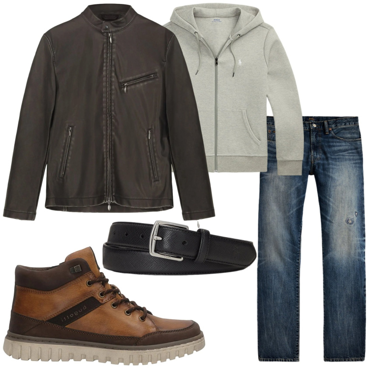 Outfit uomo - Total look #2299804. Stile Casual per Tutti i giorni. Abbinamento con felpe, jeans dritti, cinture, giacche, anfibi.