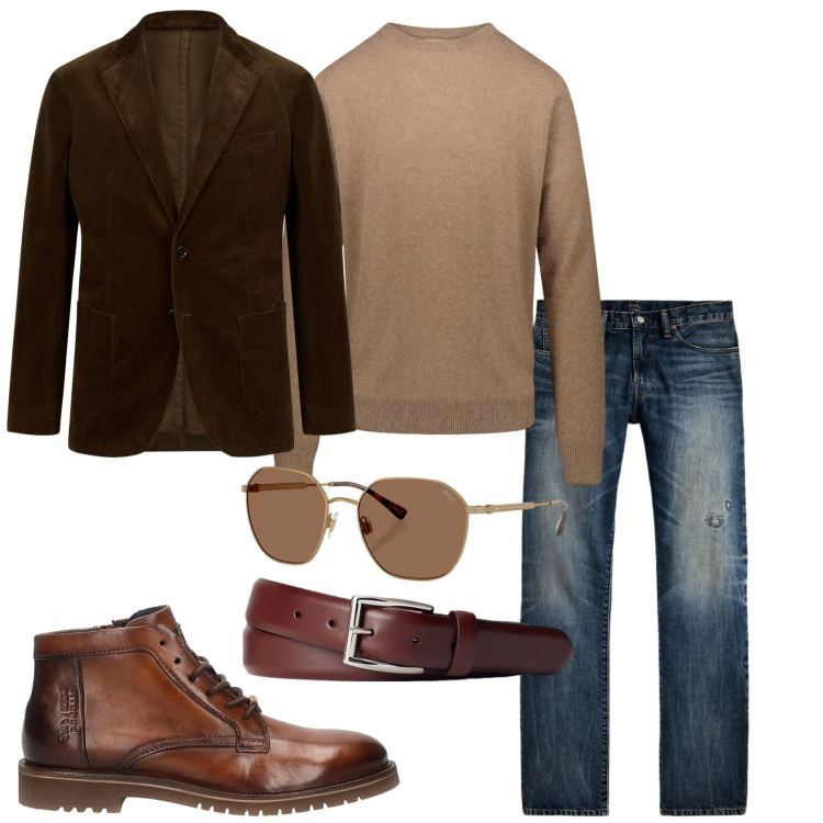 Outfit uomo - Total look #2299805. Stile Casual per Tutti i giorni. Abbinamento con cinture, occhiali da sole, jeans dritti, giacche, maglieria, stivali e stivaletti.