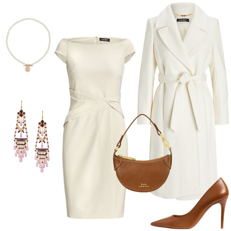 Outfit donna - Feste Natalizie. Stile Chic per Serata fuori. Abbinamento con vestiti, ciondoli, décolleté, borse a tracolla, cappotti, orecchini.