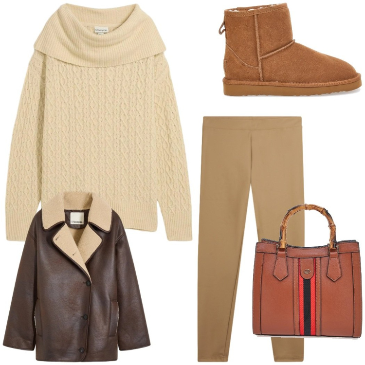 Outfit donna - Total look #2299810. Stile Casual per Tutti i giorni. Abbinamento con blazer, maglieria, leggings, borse a tracolla, stivaletti.