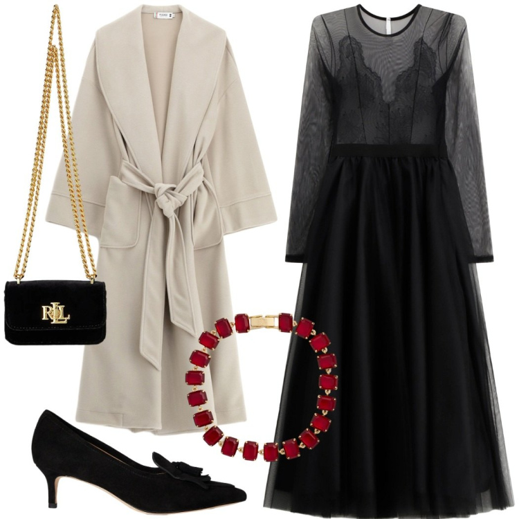 Outfit donna - Invito all\' opera. Stile Glamour per Cerimonia. Abbinamento con cappotti, vestiti midi/longuette, pochette, décolleté, braccialetti.