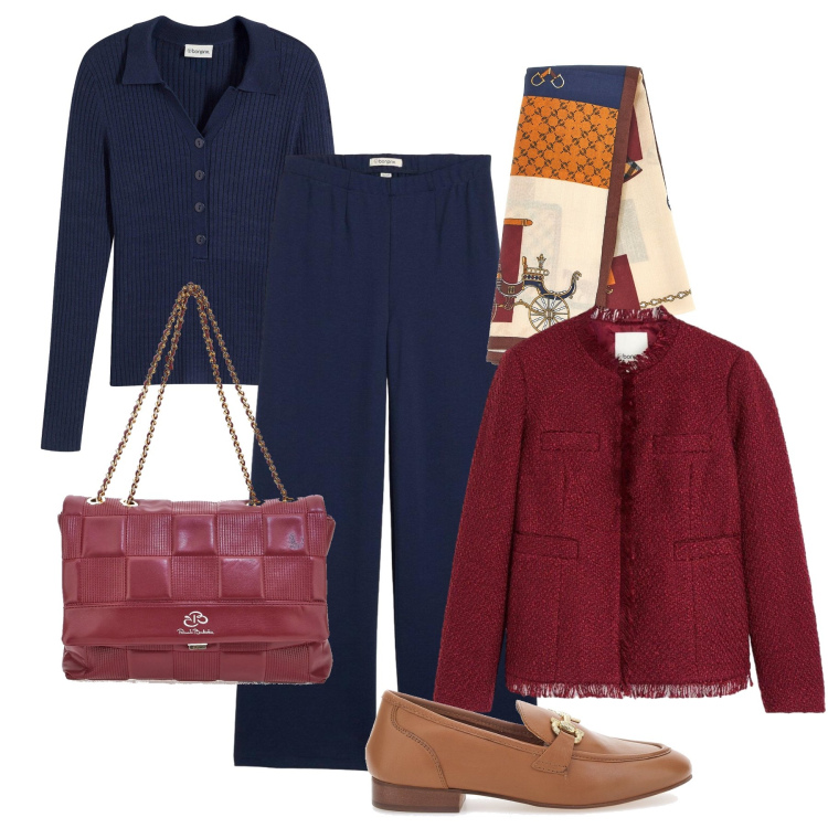 Outfit donna - Total look ufficio. Stile Glamour per Ufficio. Abbinamento con maglieria, pantaloni, cappotti, foulard, mocassini, borse a tracolla.