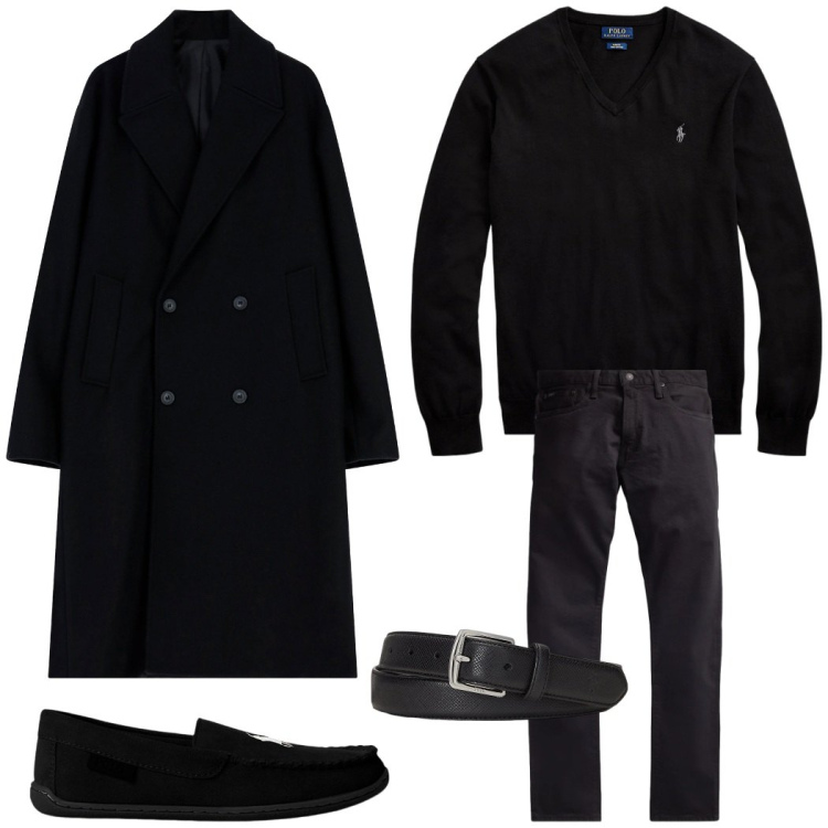 Outfit uomo - Inverno in black. Stile Trendy per Serata speciale. Abbinamento con cappotti, maglieria, jeans, cinture, pantofole.