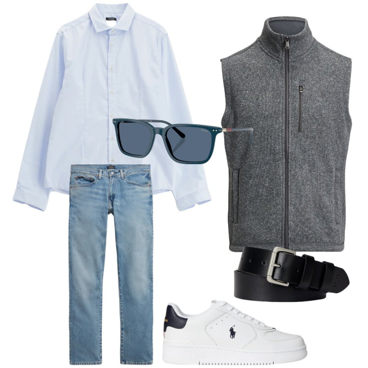 Outfit uomo - Total look #2299817. Stile Urban per Tutti i giorni. Abbinamento con camicie, cinture, occhiali da sole, jeans, gilet, sneakers.
