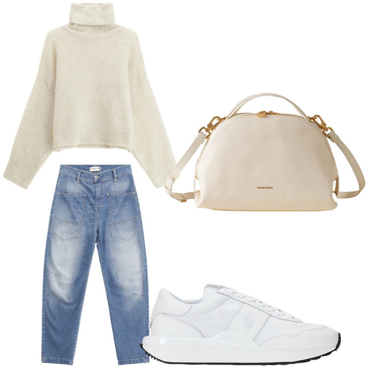 Outfit donna - Aperitivo. Stile Trendy per Tutti i giorni. Abbinamento con jeans, maglieria, borse a mano, sneakers.