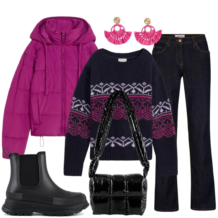 Outfit donna - Casa e commissioni. Stile Casual per Tutti i giorni. Abbinamento con jeans dritti, orecchini, giacche, maglieria, borse a spalla, stivali.