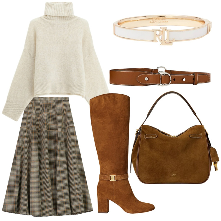 Outfit donna - Everyday tartan. Stile Casual chic per Tutti i giorni. Abbinamento con gonne lunghe, maglieria, borse a mano, cinture, stivali, braccialetti.