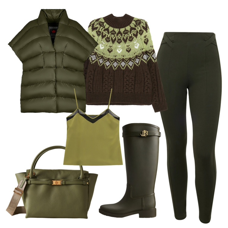 Outfit donna - Il fascino del verde!. Stile Casual chic per Tutti i giorni. Abbinamento con maglieria, top, borse a mano, pantaloni skinny, stivali di gomma, piumini.