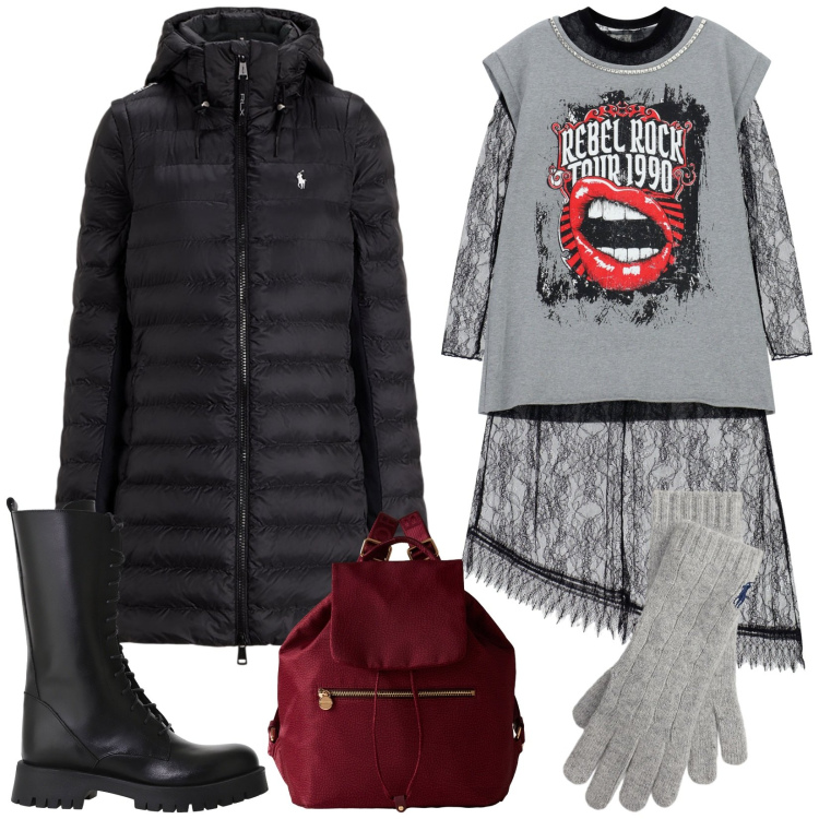 Outfit donna - Gli anfibi alti. Stile Rock per Serata fuori. Abbinamento con zaini, stivali, vestiti, cappotti, guanti.