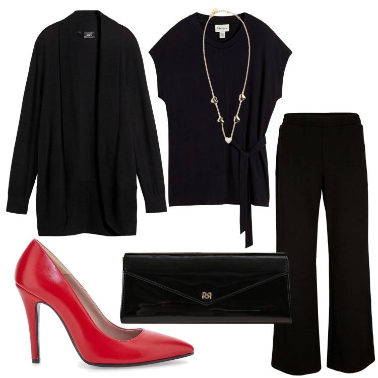Outfit donna - Per le feste di sera. Stile Chic per Serata fuori. Abbinamento con cardigans, bluse, pantaloni a palazzo, pochette, collane, décolleté.