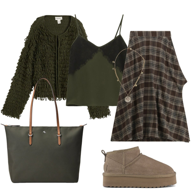 Outfit donna - In città. Stile Minimal per Tutti i giorni. Abbinamento con cardigans, gonne lunghe, top, ciondoli, borse tote, stivaletti.