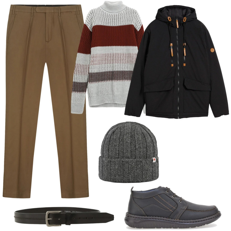 Outfit uomo - Shopping delle feste. Stile Urban per Tutti i giorni. Abbinamento con piumini, maglieria, cinture, cappelli, scarpe stringate, pantaloni.