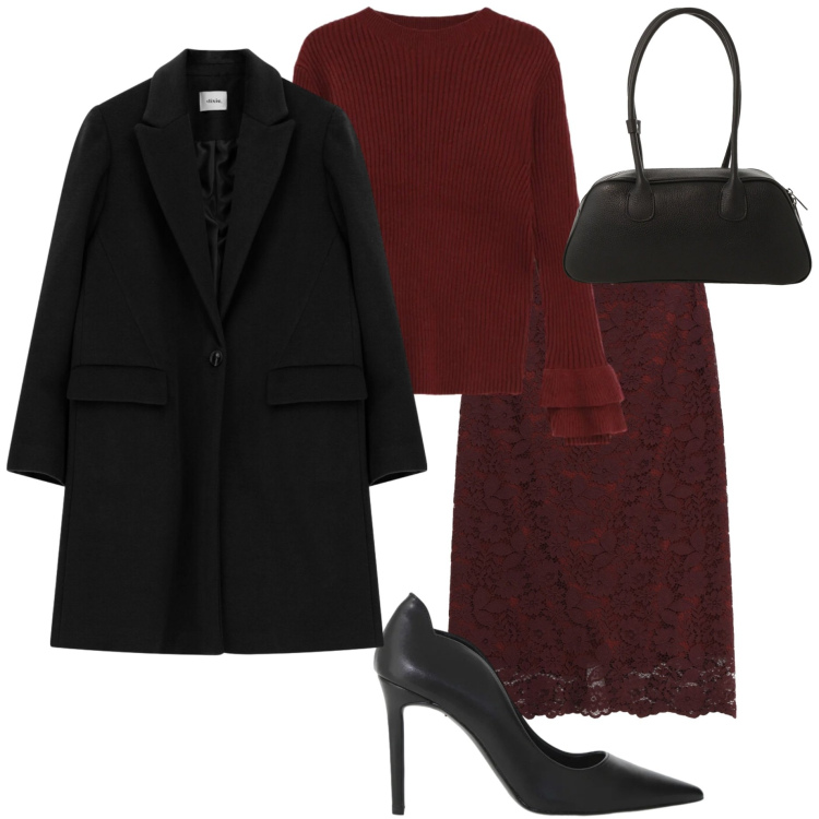 Outfit donna - Cena aziendale. Stile Chic per Serata fuori. Abbinamento con maglieria, gonne lunghe, cappotti, décolleté, borse a mano.