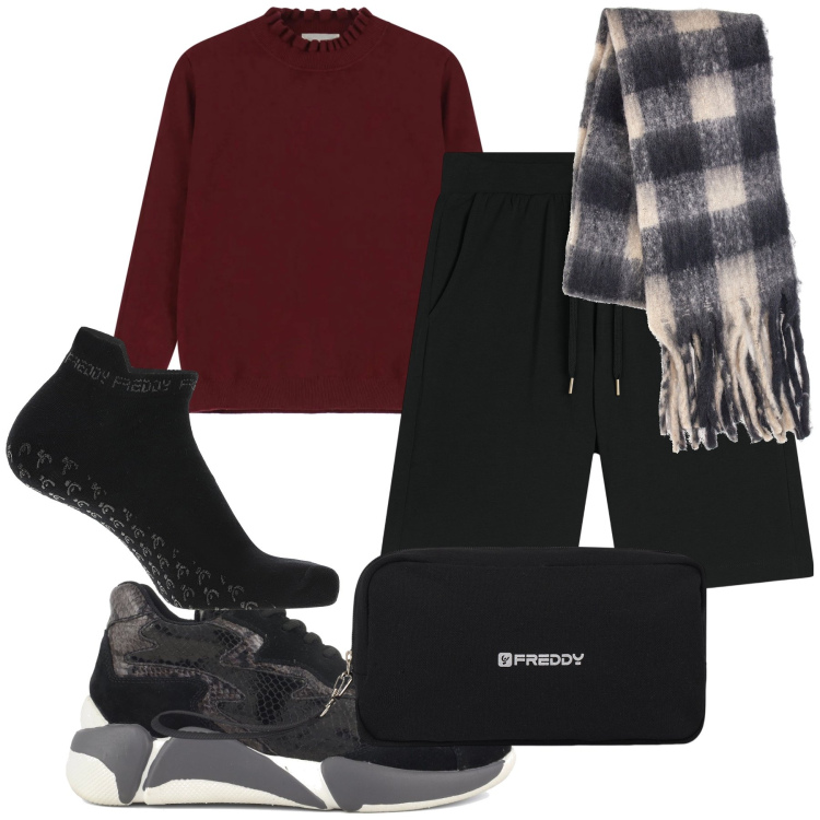 Outfit donna - Weekend. Stile Casual per Tutti i giorni. Abbinamento con calzini, valigie, bermuda, maglieria, sciarpe, sneakers alte.