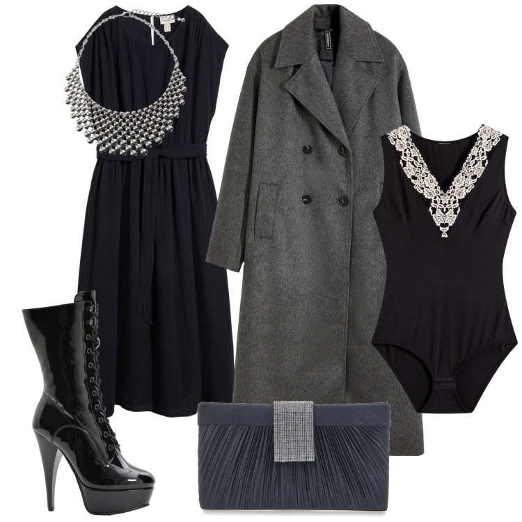 Outfit donna - Eleganza sopra e sotto. Stile Glamour per Serata fuori. Abbinamento con vestiti midi/longuette, stivaletti, body, cappotti, collane, pochette.