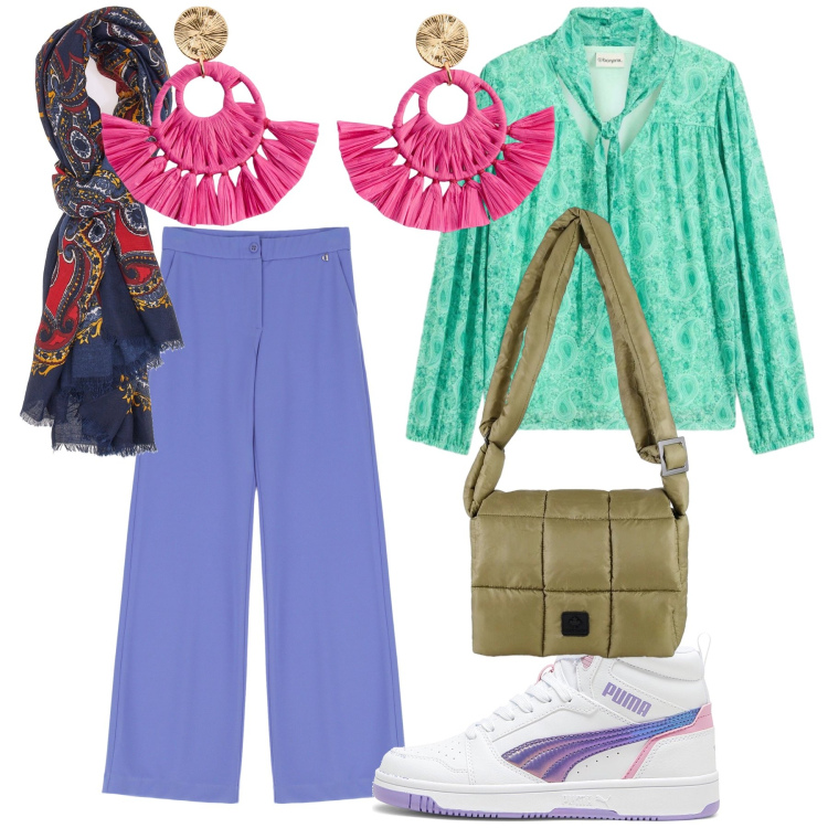 Outfit donna - Colori in inverno. Stile Trendy per Tutti i giorni. Abbinamento con orecchini, bluse, pantaloni, borse a spalla, foulard, sneakers.