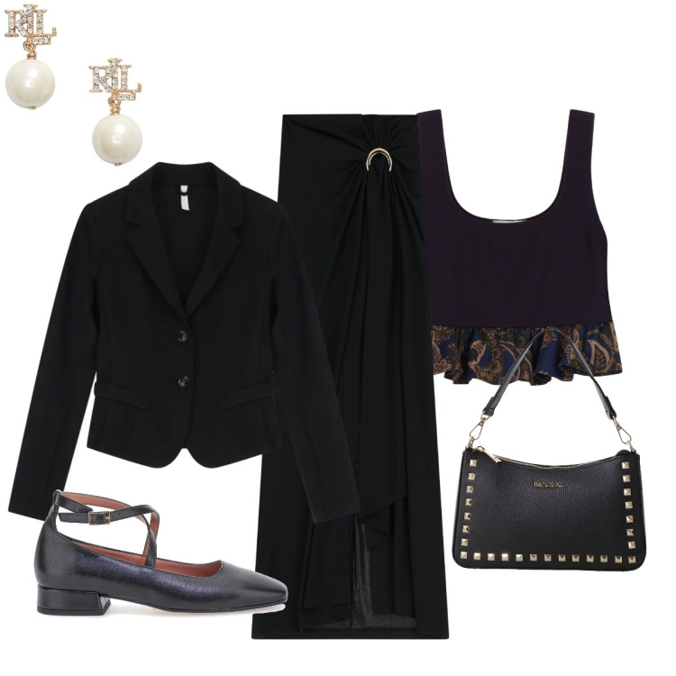 Outfit donna - L’eleganza del nero per la serata. Stile Chic per Serata fuori. Abbinamento con top, gonne lunghe, pochette, blazer, orecchini, ballerine.