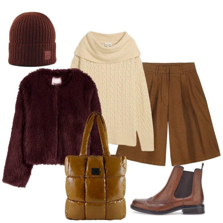 Outfit donna - Con il caldo pellicciotto. Stile Casual chic per Tutti i giorni. Abbinamento con ecopellicce, maglieria, shopping bag, bermuda, stivaletti chelsea, berretti.