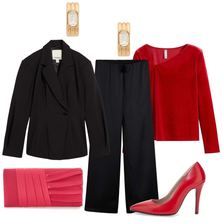 Outfit donna - A dicembre il rosso trionfa. Stile Chic per Serata fuori. Abbinamento con maglieria, blazer, pantaloni a palazzo, orecchini, décolleté, pochette.