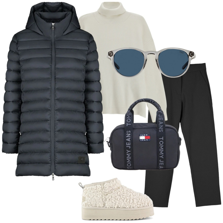 Outfit donna - Freddo soleggiato. Stile Casual per Tutti i giorni. Abbinamento con maglieria, occhiali da sole, piumini, pantaloni chino, borse a tracolla, stivaletti.