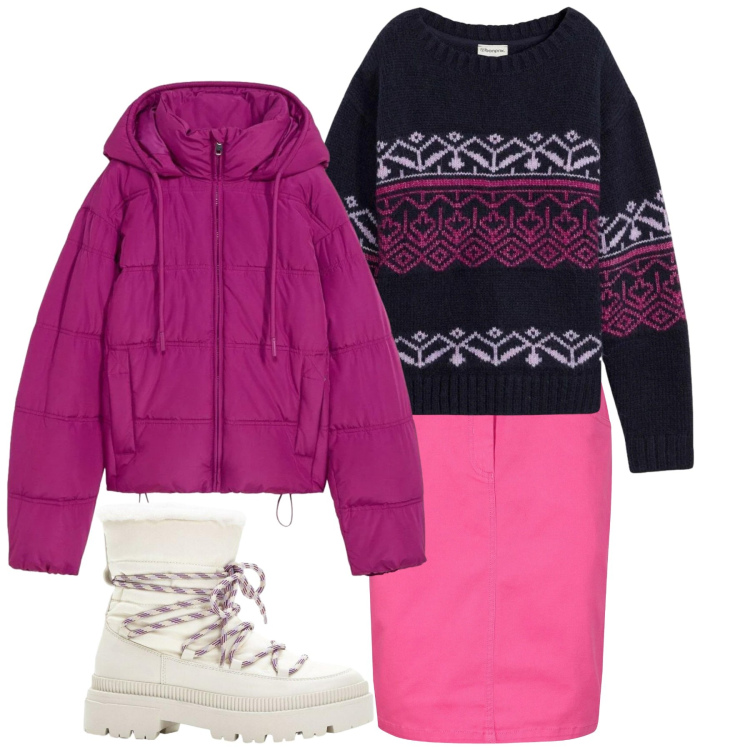 Outfit donna - Unconventional Xmas. Stile Casual per Tutti i giorni. Abbinamento con giacche, gonne, stivali da neve, maglieria.