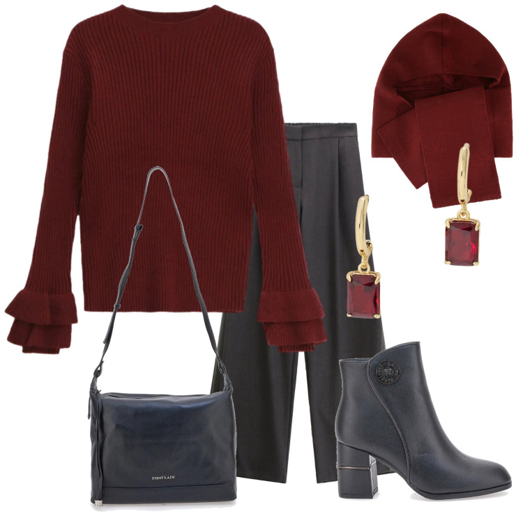 Outfit donna - Costine e volant. Stile Chic per Ufficio. Abbinamento con sciarpe, maglieria, pantaloni, orecchini, stivaletti, borse a tracolla.