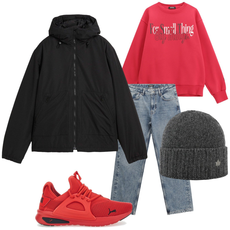 Outfit uomo - Total look #2299885. Stile Urban per Tutti i giorni. Abbinamento con giacche, jeans dritti, felpe, cappelli, sneakers.