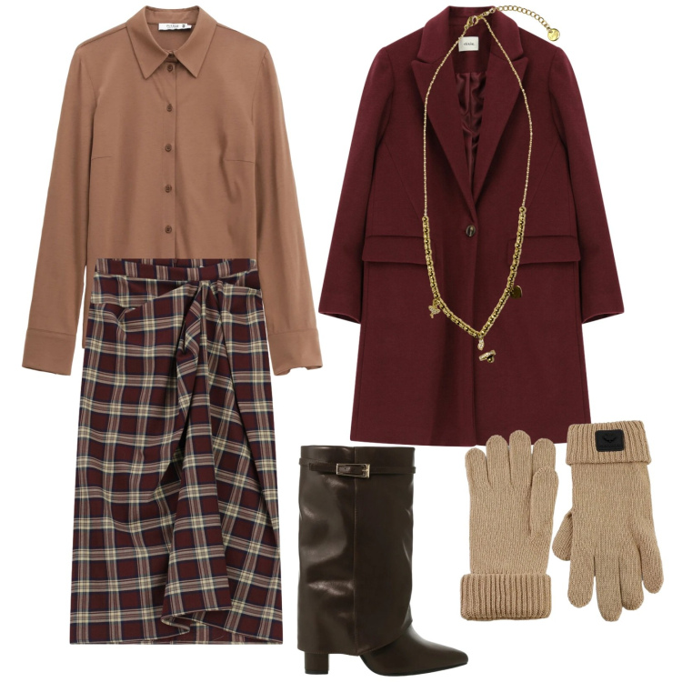 Outfit donna - In tartan. Stile Trendy per Serata fuori. Abbinamento con camicie, gonne longuette, stivali, ciondoli, cappotti, guanti.