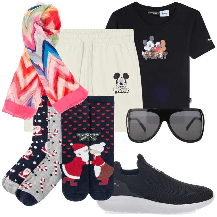 Outfit donna - Aspettiamo Natale a casa. Stile Trendy per Tutti i giorni. Abbinamento con calzini, occhiali da sole, t-shirt, pantaloni corti, foulard, sneakers.
