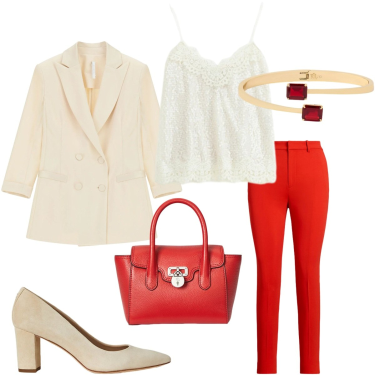 Outfit donna - Qualcosa di rosso. Stile Chic per Serata fuori. Abbinamento con blazer, top, borse a mano, décolleté, pantaloni, braccialetti.