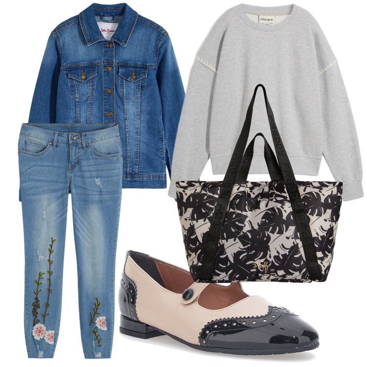Outfit donna - I jeans fioriti. Stile Casual chic per Tutti i giorni. Abbinamento con jeans, blazer, felpe, shopping bag, ballerine.