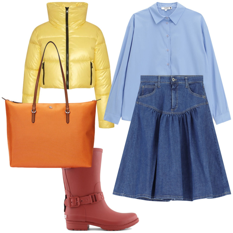 Outfit donna - Colorata mattinata. Stile Urban per Tutti i giorni. Abbinamento con gonne longuette, camicie, borse tote, piumini, stivali.