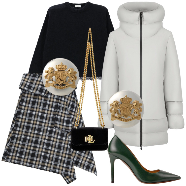 Outfit donna - Lo scozzese fa Natale. Stile Glamour per Serata fuori. Abbinamento con gonne longuette, maglieria, orecchini, décolleté, pochette, piumini.