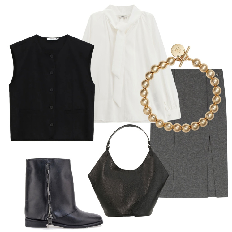 Outfit donna - Lidia. Stile Vintage retrò per Serata fuori. Abbinamento con gilet, bluse, borse a spalla, gonne longuette, braccialetti, stivaletti.