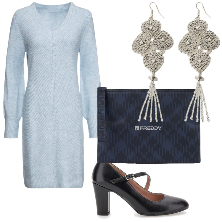 Outfit donna - Scambio doni in azzurro. Stile Romantica per Tutti i giorni. Abbinamento con vestiti, orecchini, clutch, décolleté.
