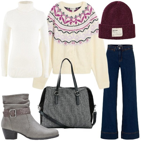 Outfit donna - Winter Looks, XMas Mood. Stile Casual chic per Serata fuori. Abbinamento con stivaletti, berretti, borse a mano, maglieria, cardigans, jeans.