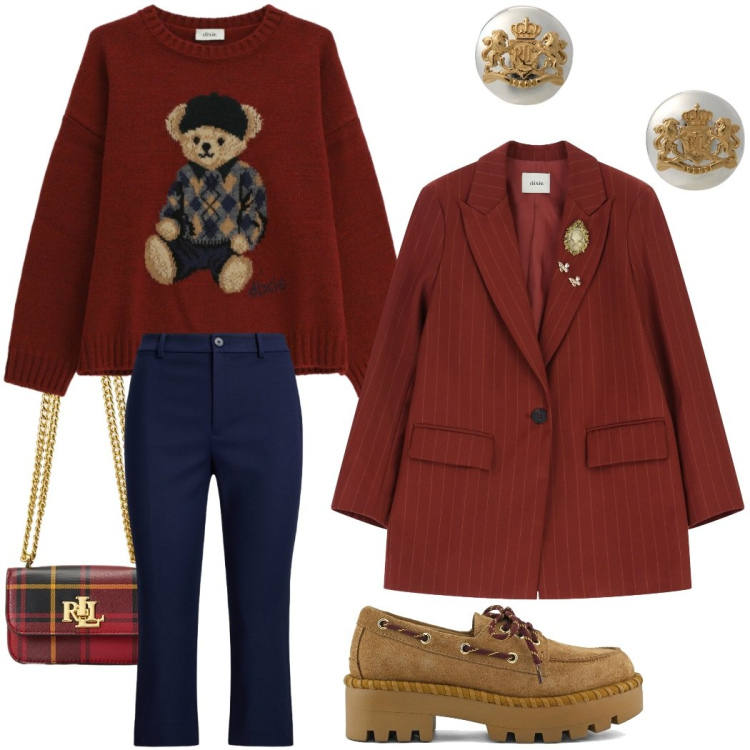 Outfit donna - Merry Christmas. Stile Casual chic per Serata fuori. Abbinamento con maglieria, blazer, orecchini, pochette, pantaloni, mocassini.