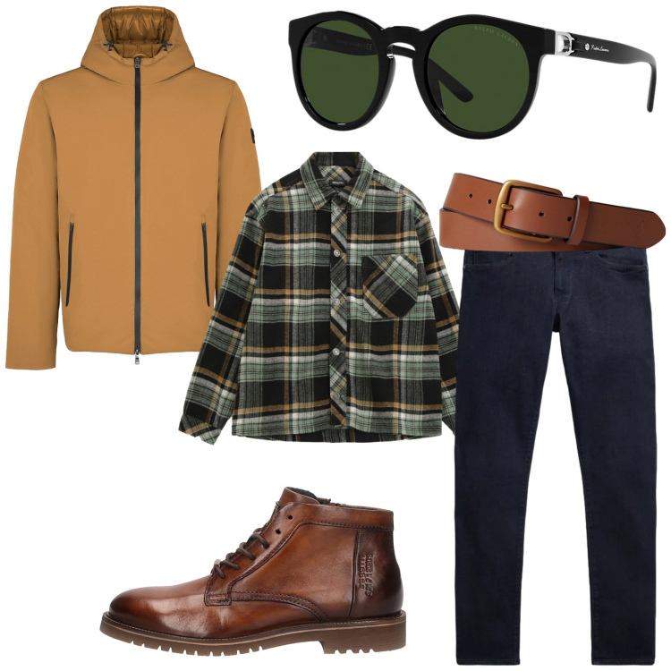 Outfit uomo - Total look #2299910. Stile Trendy per Tutti i giorni. Abbinamento con camicie, occhiali da sole, cinture, jeans, parka, stivali e stivaletti.