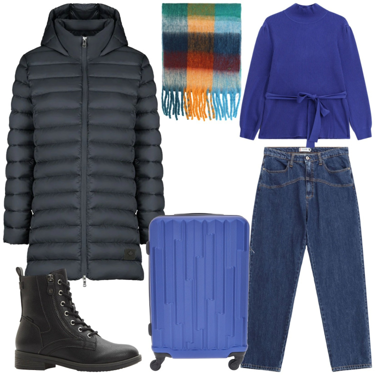 Outfit donna - In viaggio. Stile Casual chic per Tutti i giorni. Abbinamento con stivaletti, jeans, maglieria, sciarpe, piumini, valigie.