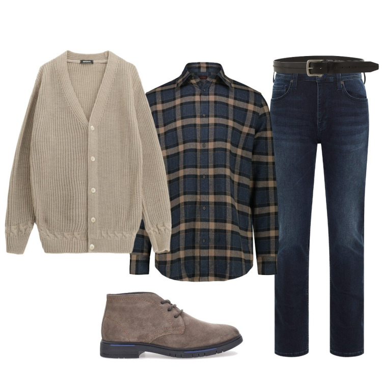 Outfit uomo - Casual in ufficio. Stile Trendy per Tutti i giorni. Abbinamento con jeans slim fit, cardigans, cinture, camicie, scarpe stringate.