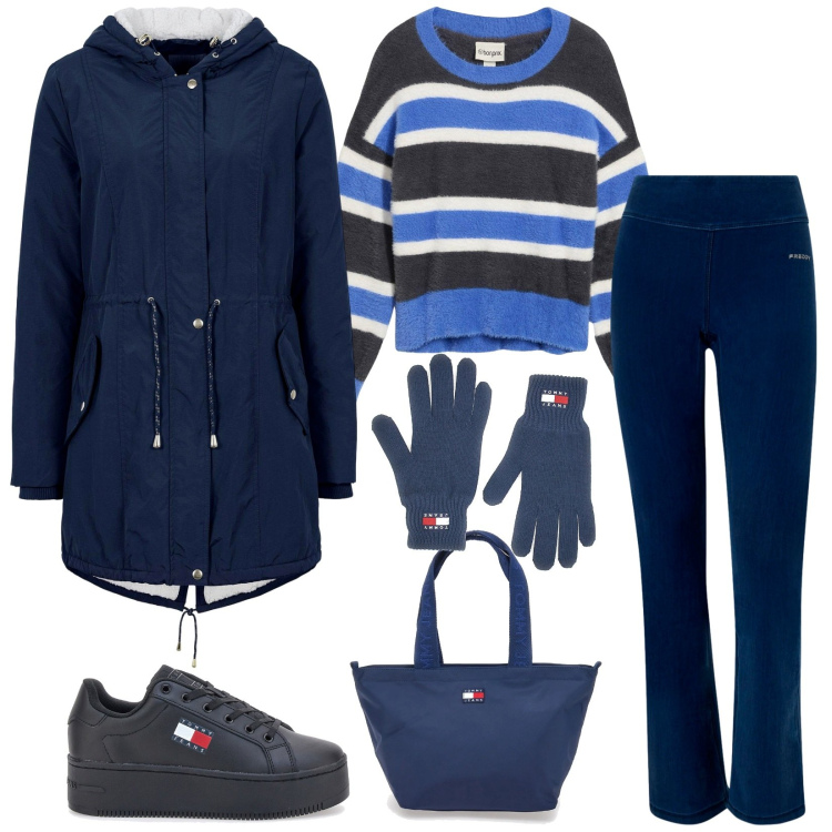 Outfit donna - Comoda in città. Stile Sporty chic per Tutti i giorni. Abbinamento con parka, maglieria, pantaloni, borse tote, sneakers, guanti.